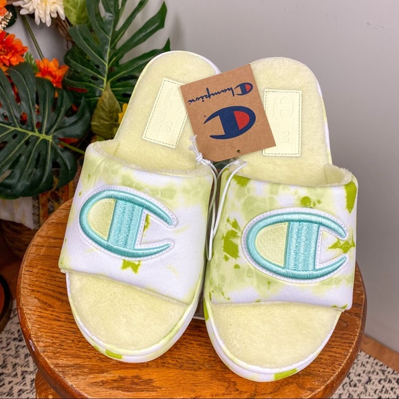 Champion NWT Plush Lemon Cloud Slipper Slides Green Tie Dye Blue Size 8 - Picture 13 of 13